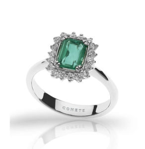 anello comete gioielli oro bianco diamanti smeraldo verde cestino