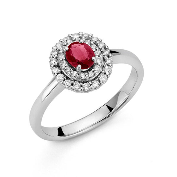 anello miluna oro bianco con doppio giro di diamanti e rubino ovale lid3454. i gioielli miluna della pubblicità