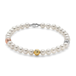 bracciale donna con perle e sfere sfaccettate in oro bianco rosa e giallo di miluna pbr2838. i gioielli della pubblicità