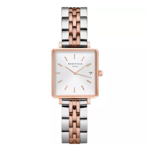 orologio da donna rettandolare rosefield the boxy misura piccola in acciaio e oro rosa qmwssr-q024