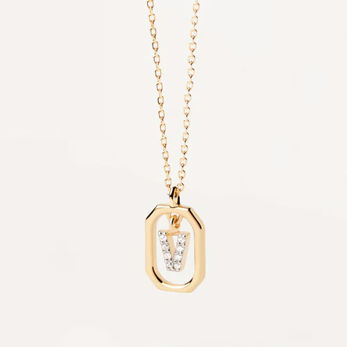 collana donna con ciondolo lettera iniziale v mini in argento placcato oro giallo e zirconi di pdpaola
