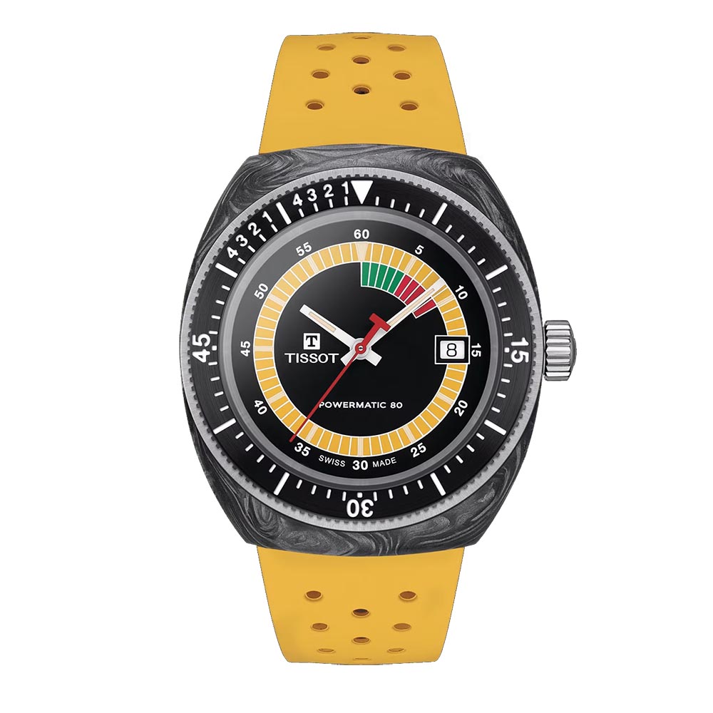 orologio automatico tissot sideral powermatic 80 con cintirino in gomma giallo t1454079705700