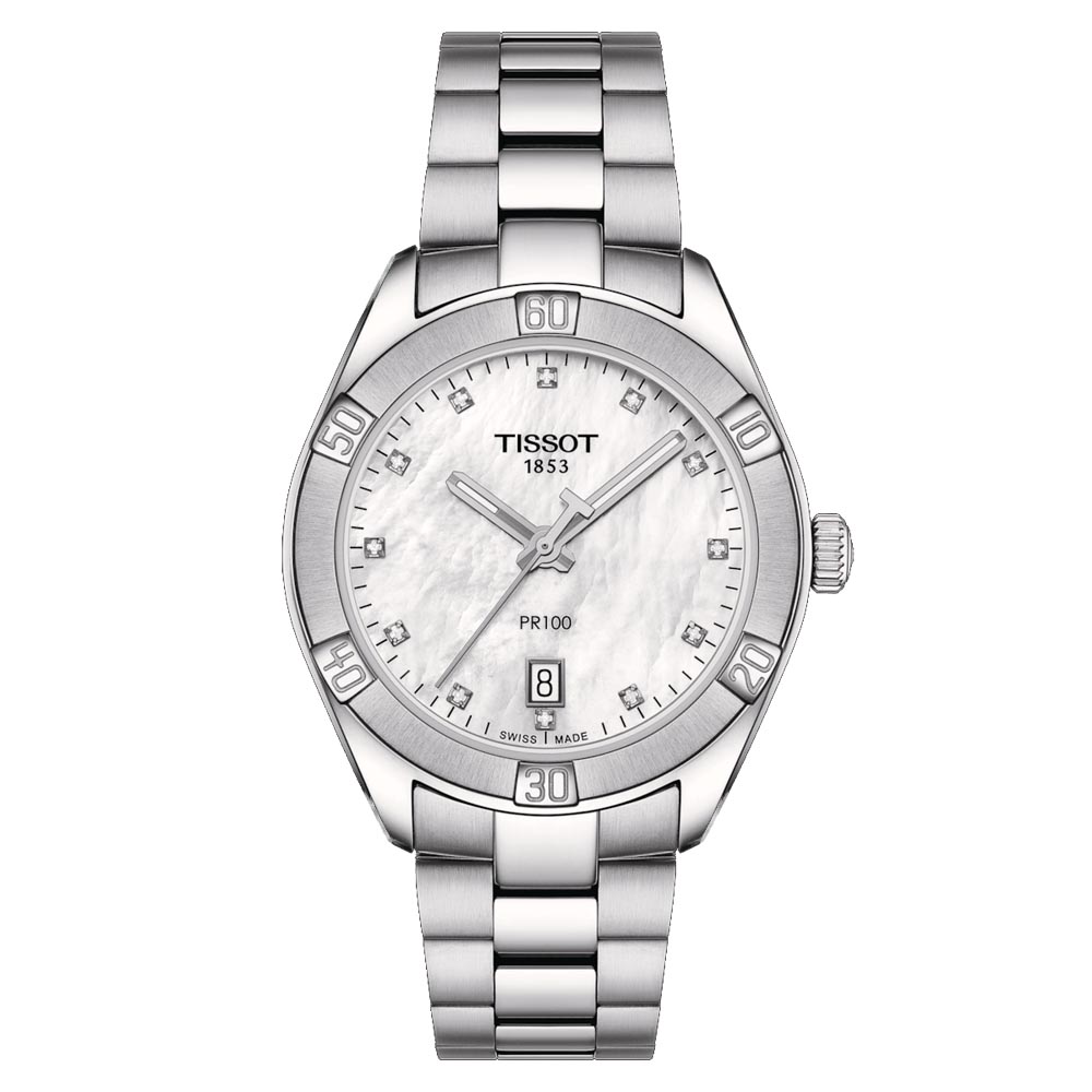 orologio donna tissot pr 100 sport chic in acciaio con quadrante madreperla bianco e diamanti t101.910.11.116.00