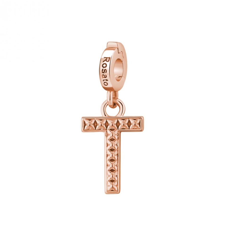 ciondolo charm lettera iniziale t argento oro rosa rosato rz098