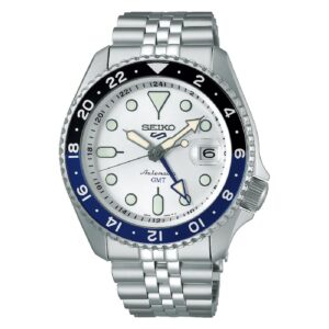 orologio uomo automatico seiko 5 gmt bianco con ghiera blu e nera ssk033k1