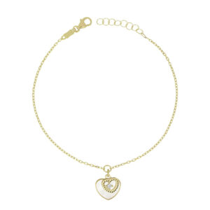 bracciale donna con ciondolo pendente cuore oro giallo con madreperla e zircone punto luce bianco