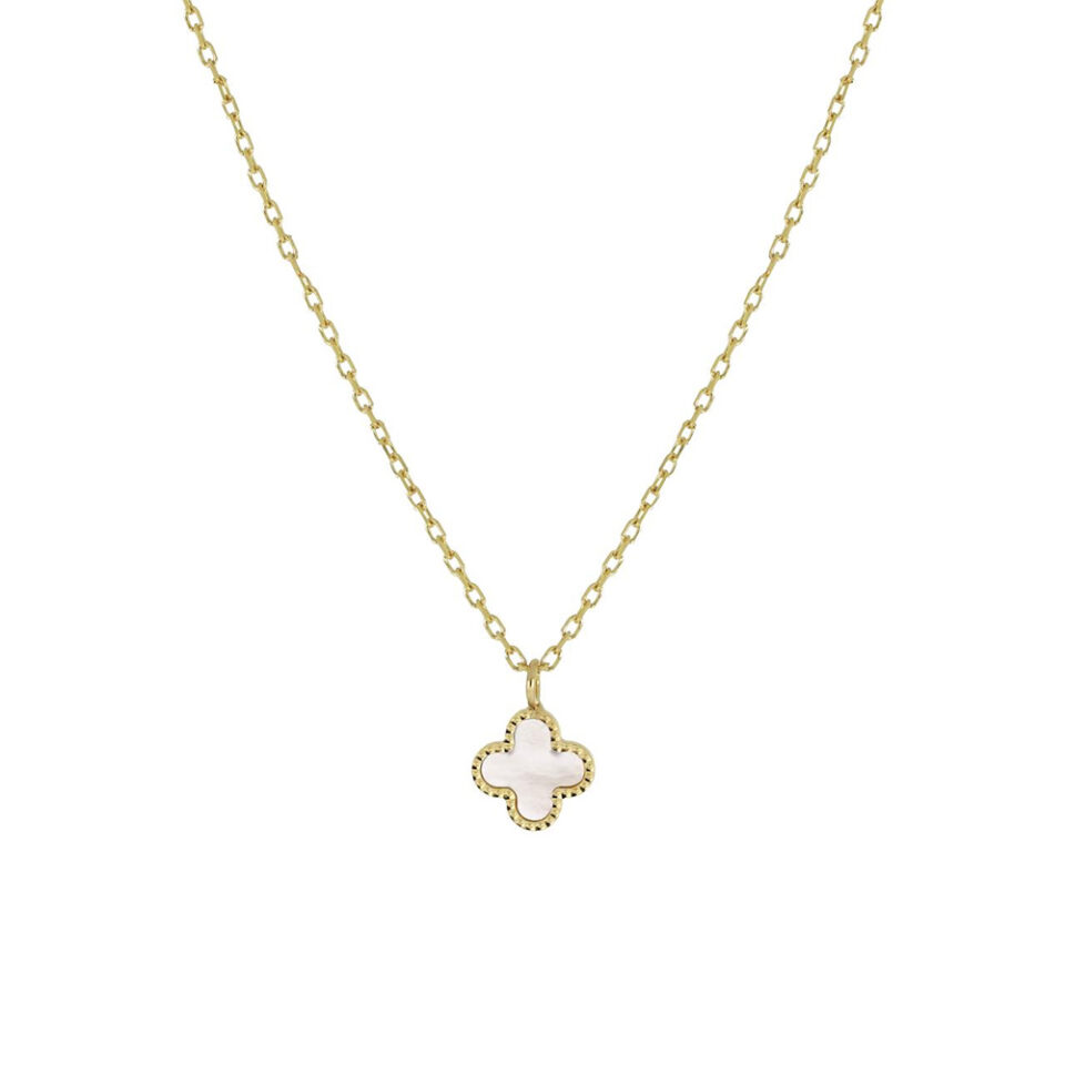 collana donna con ciondolo pendente croce in oro giallo e madreperla bianca