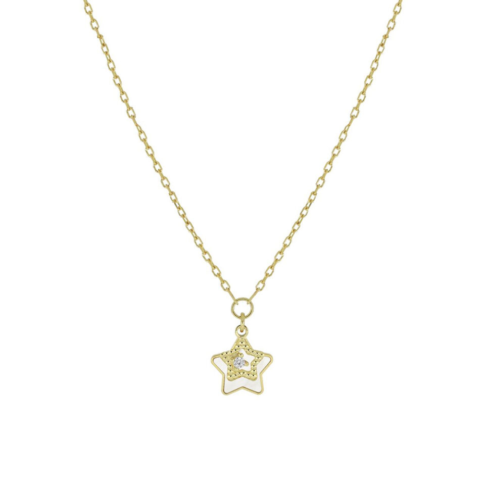 collana donna ciondolo stella in oro giallo con madreperla bianca e zircone punto luce