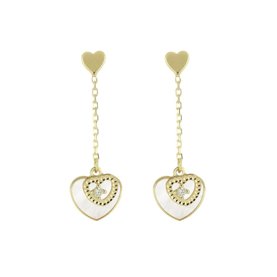 orecchini pendenti in oro giallo con cuore madreperla bianca e zircone punto luce di baravelli gold