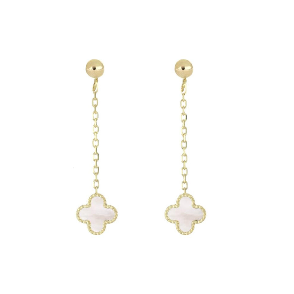 orecchini pendenti in oro giallo con croce modello van cleef in madreperla bianca