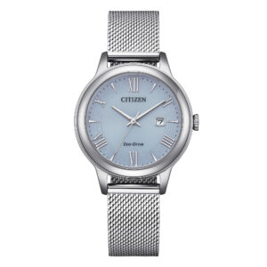 orologio donna citizen lady ew2621-75l eco drive carica solare in acciaio con cinturino maglia Milano e quadrante azzurro