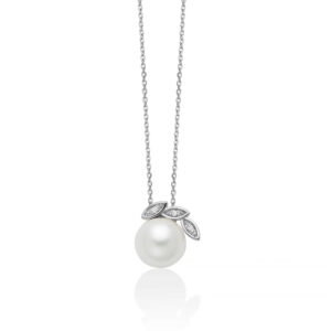 collana donna oro bianco con ciondolo perla e diamanti con motivo a foglie miluna pcl6513x