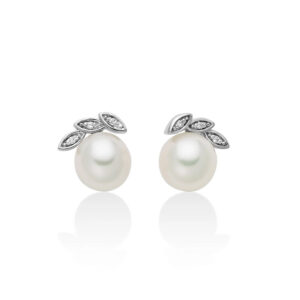 orecchini donna lobo oro bianco con perle bianche e diamanti con motivo a foglie miluna per2723x