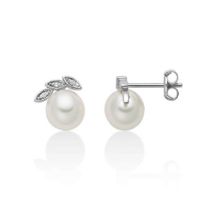 orecchini donna lobo oro bianco con perle bianche e diamanti con motivo a foglie miluna per2723x