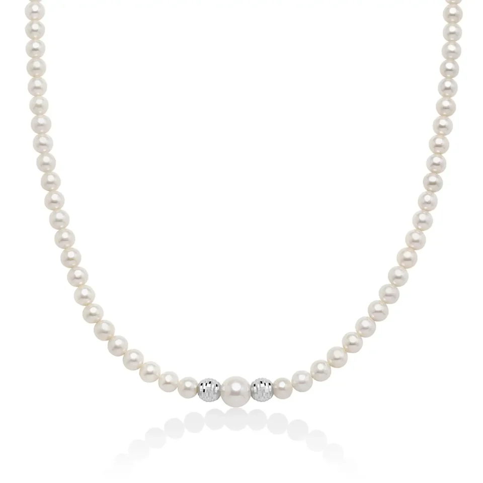 collana filo perle miluna con perle acqua dolce 5/5,5mm con 2 sfere oro bianco 9kt e perla centrale PCL928BX