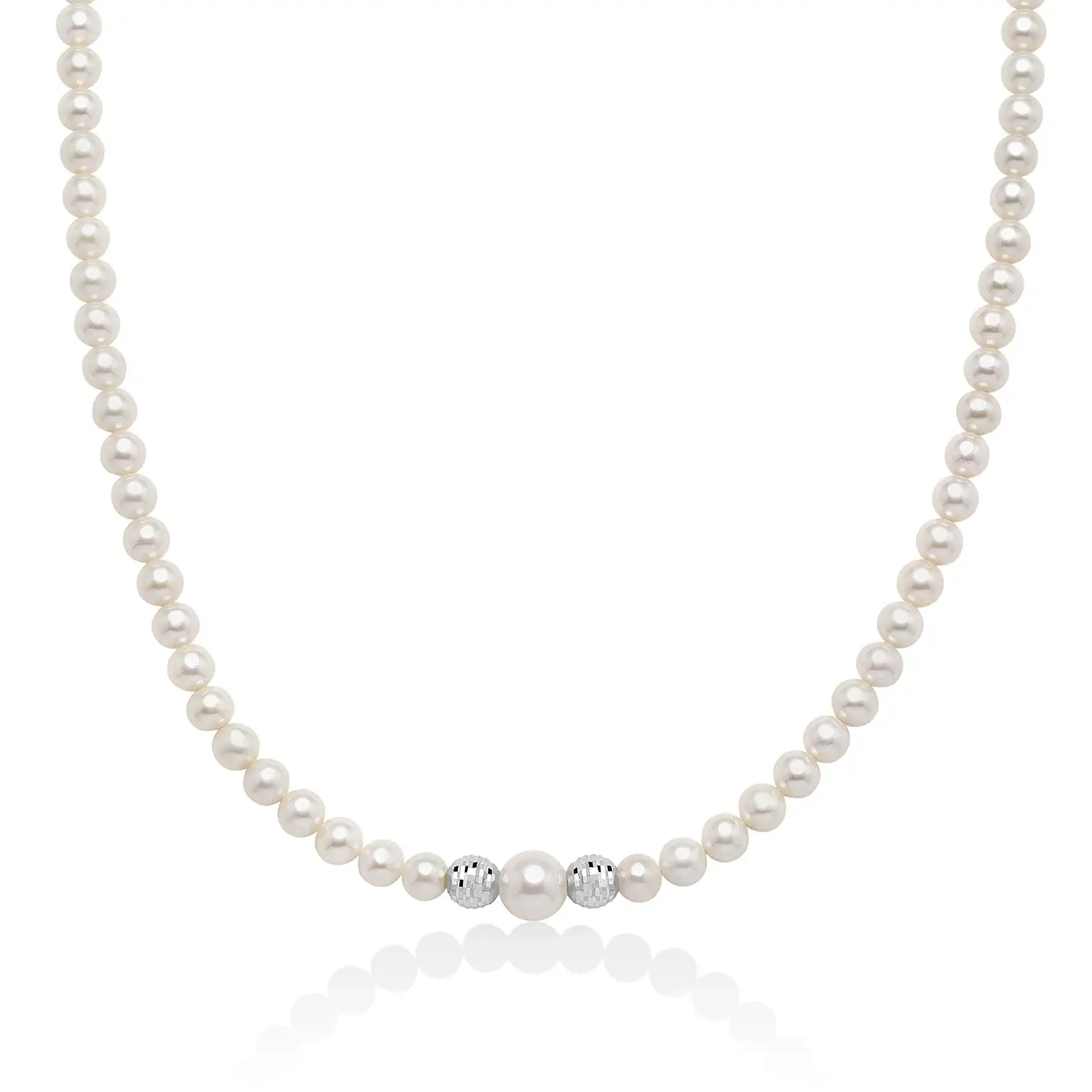 collana filo perle miluna con perle acqua dolce 5/5,5mm con 2 sfere oro bianco 9kt e perla centrale PCL928BX