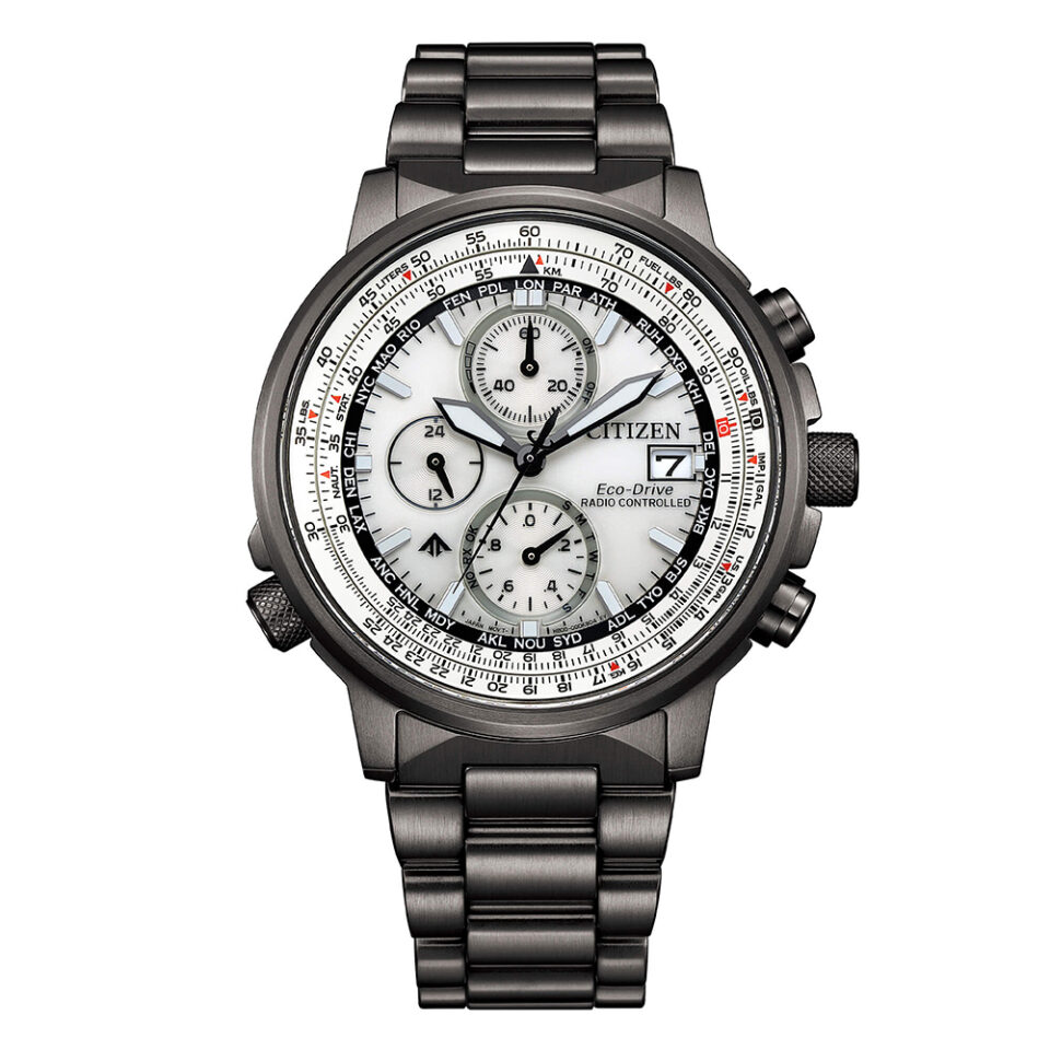 Orologio-Citizen-Crono-Pilot-Acciaio-PVD-Gun-41mm-Bianco-Radiocontrollato-AT8304-57A
