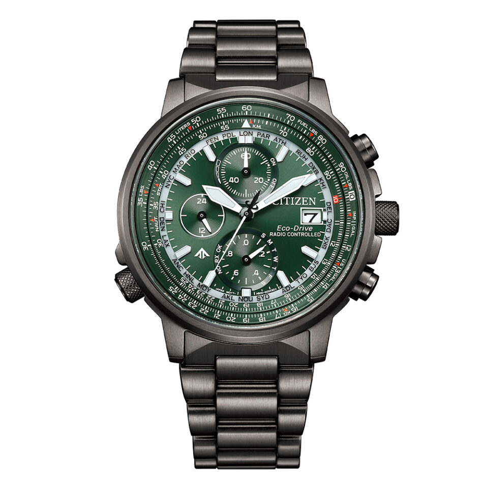 Orologio-Citizen-Crono-Pilot-Acciaio-PVD-Gun-41mm-Verde-Radiocontrollato-AT8304-57W