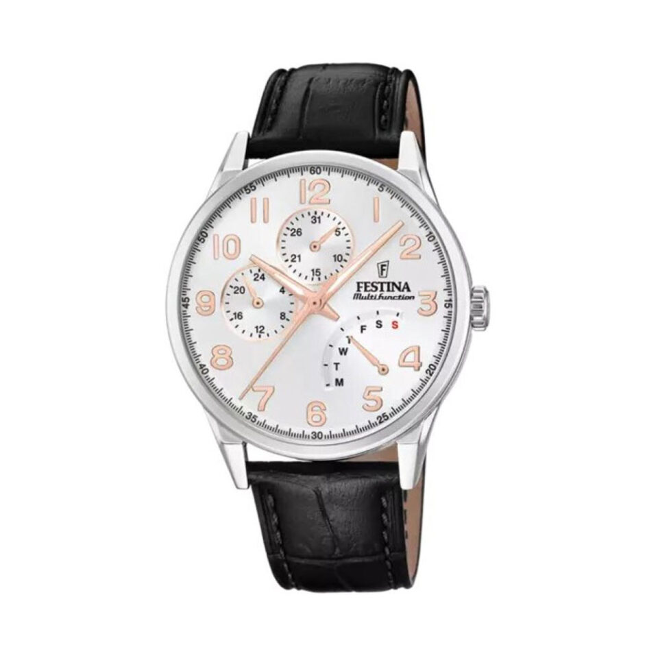 Orologio-Festina-Uomo-Multifunction-Cinturino-Pelle-Nera-Quadrante-Silver-Giorno-Data-24ore-F20278-A