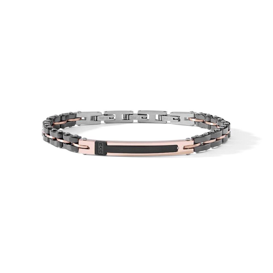 Bracciale-Comete-Uomo-Acciaio-Lucido-PVD-Nero-e-Rose-Piastra-Ceramica-nera-Zirconi-Neri-UBR-910