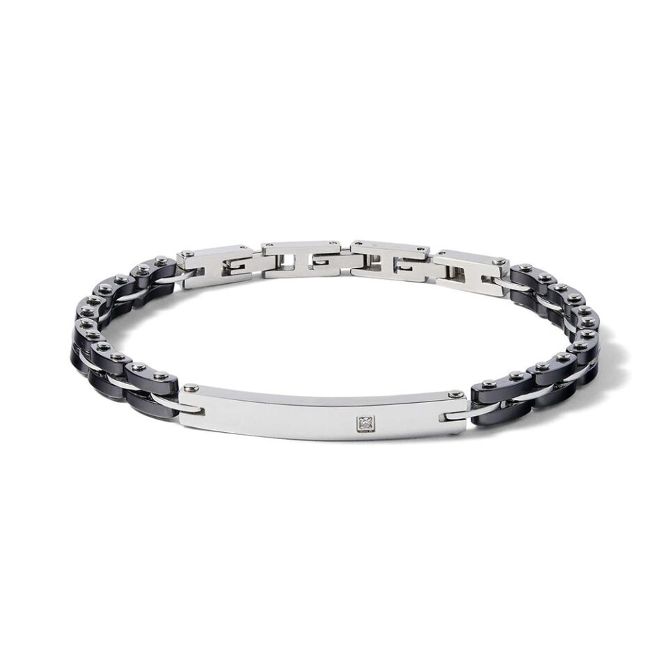 Bracciale-Comete-Uomo-Acciaio-Lucido-Piastra-Ceramica-nera-Zircone-Bianco-UBR-1070