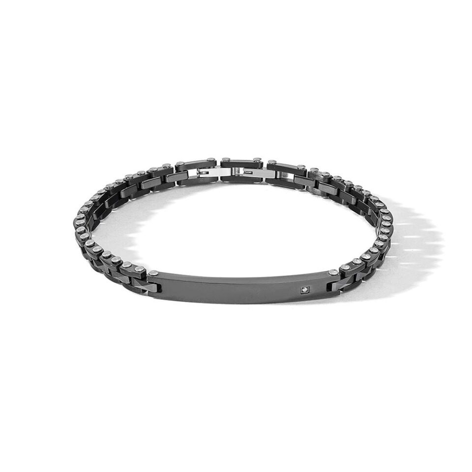 Bracciale-Comete-Uomo-Acciaio-Lucido-Piastra-Ceramica-nera-Zircone-Bianco-UBR-1083