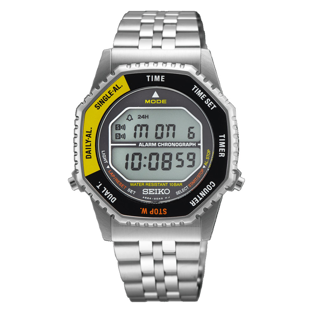 Orologio-Seiko-Sport-A829-Rotocall-Uomo-Quarzo-Digitale-Bracciale-Acciaio-Lunetta-Giallo-Nero-SMGG17P1