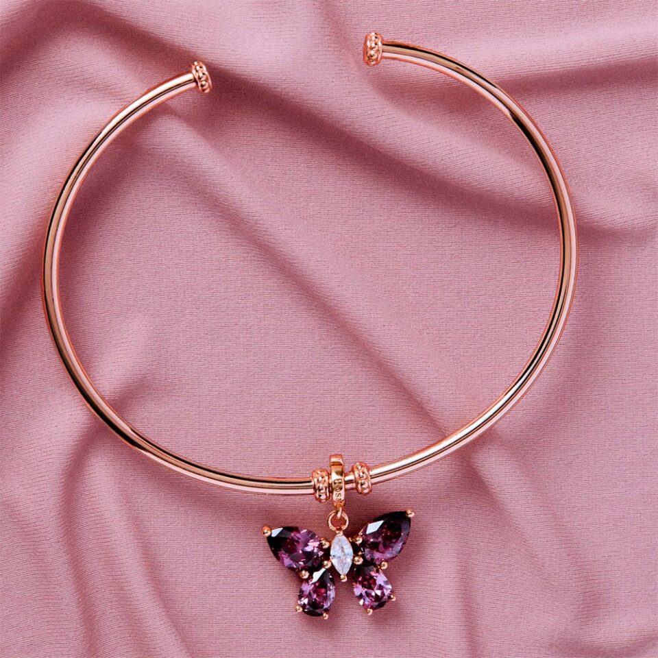 ciondolo charm farfalla argento placcato oro rosa con zirconi rosato gioielli rzle089