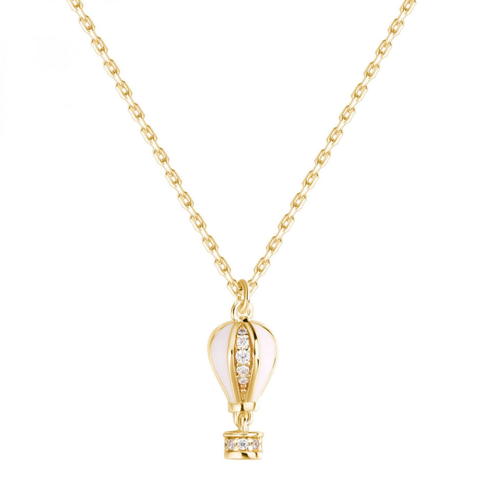 collana ciondolo mongolfiera argento placcato oro giallo, smalto bianco e zirconi rosato aria rzar10