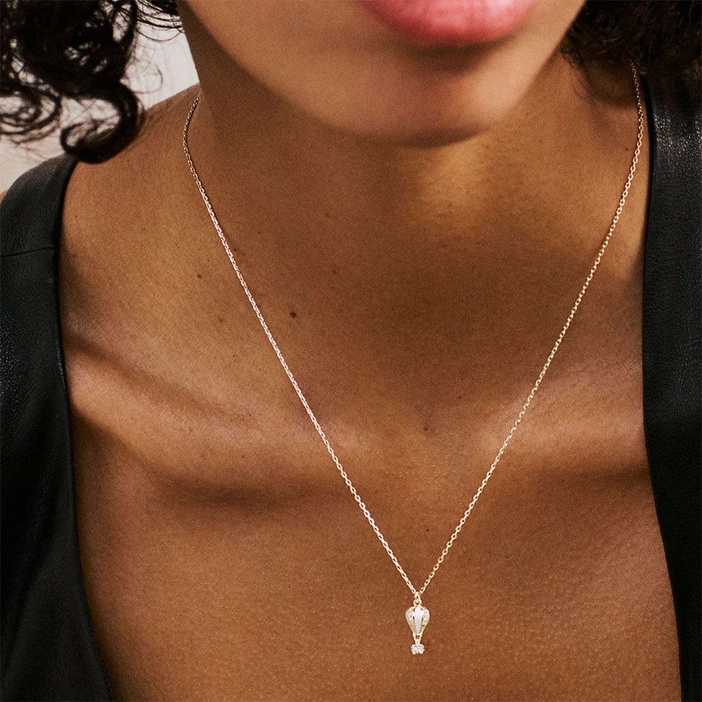 collana ciondolo mongolfiera argento placcato oro giallo, smalto bianco e zirconi rosato aria rzar10