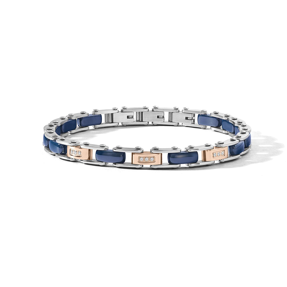Bracciale-Comete-Uomo-Acciaio-PVD-rose-Ceramica-Blu-Diamanti-Bianchi-UBR1280