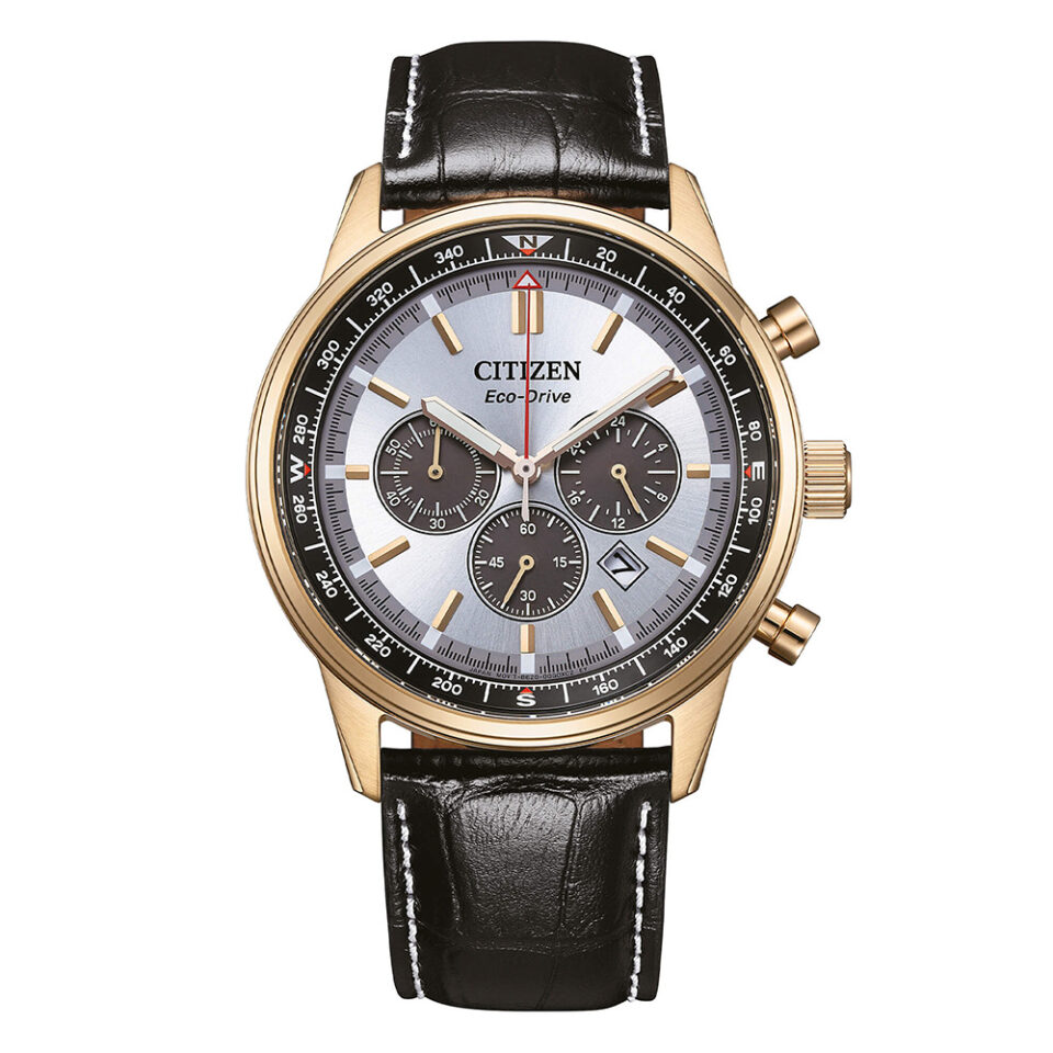 Orologio-Citizen-OF-Aviator-Crono-42mm-PVD-Oro-Rosa-Cinturino-Pelle-Quadrante-Silver-CA4723-03A