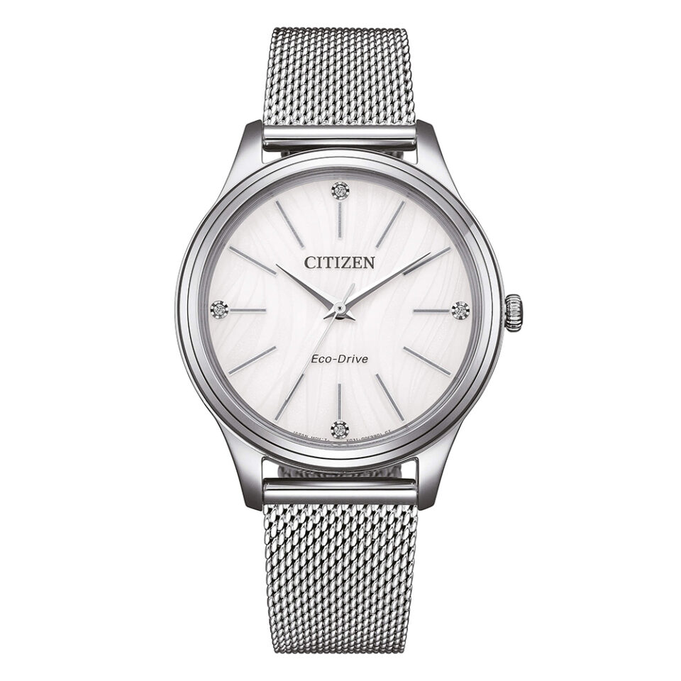 Orologio-Citizen-OF-Eco-Drive-Lady-Casual-34mm-Bracciale-maglia-milano-quadrante-Bianco-EM1220-82A