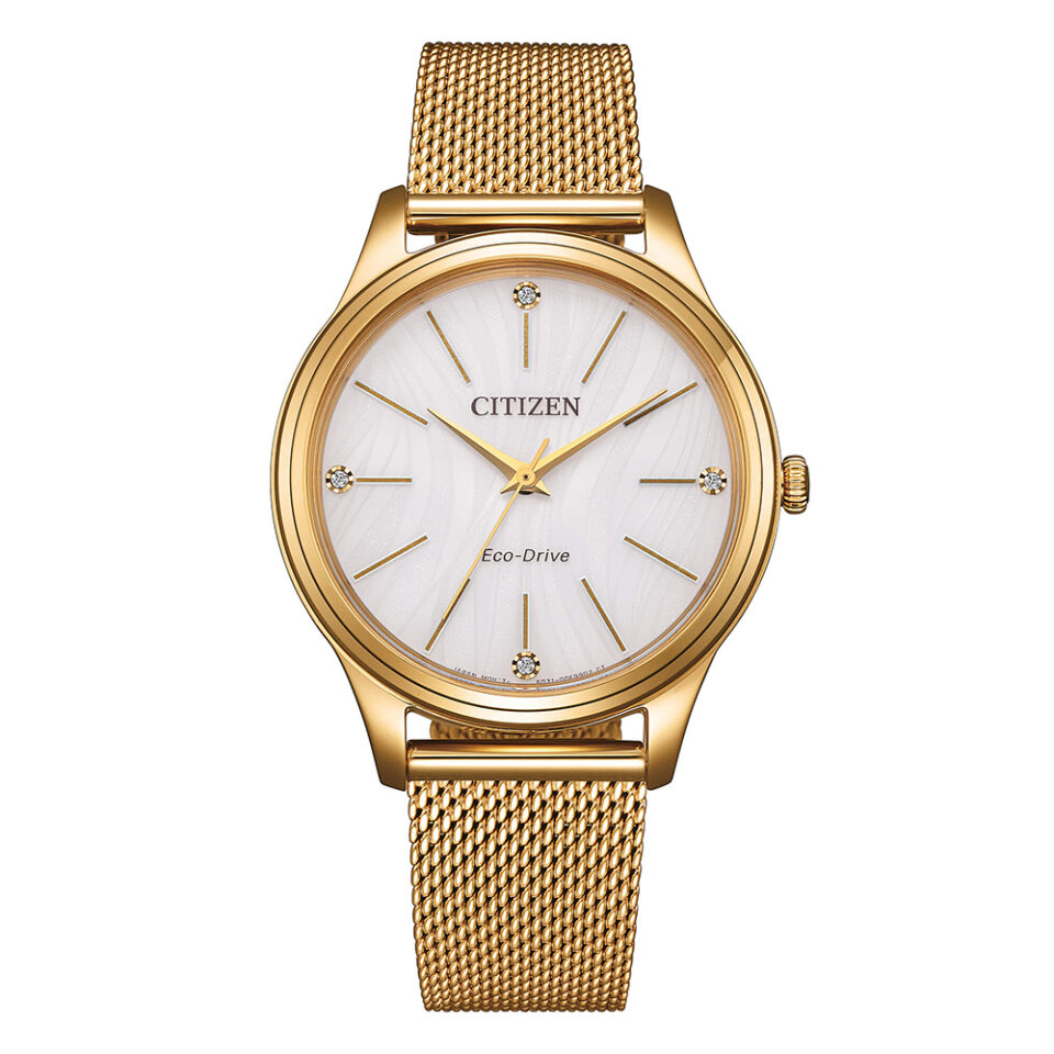 Orologio-Citizen-OF-Eco-Drive-Lady-Casual-34mm-PVD-Oro-Giallo-Bracciale-maglia-milano-quadrante-Bianco-EM1222-87A