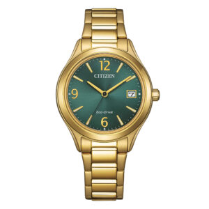 Orologio-Citizen-OF-Eco-Drive-Lady-Sporty-33mm-PVD-Oro-Giallo-Bracciale-Acciaio-quadrante-Verde-FE6122-64X