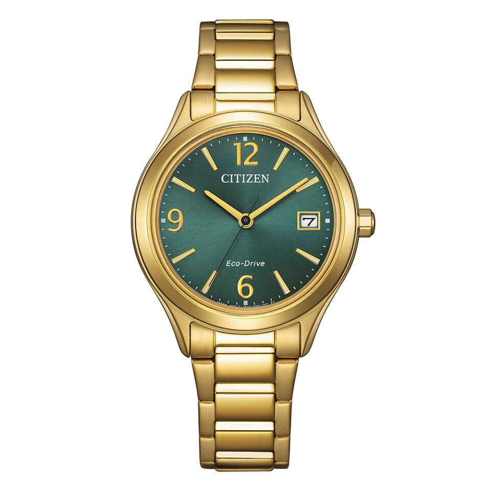 Orologio-Citizen-OF-Eco-Drive-Lady-Sporty-33mm-PVD-Oro-Giallo-Bracciale-Acciaio-quadrante-Verde-FE6122-64X