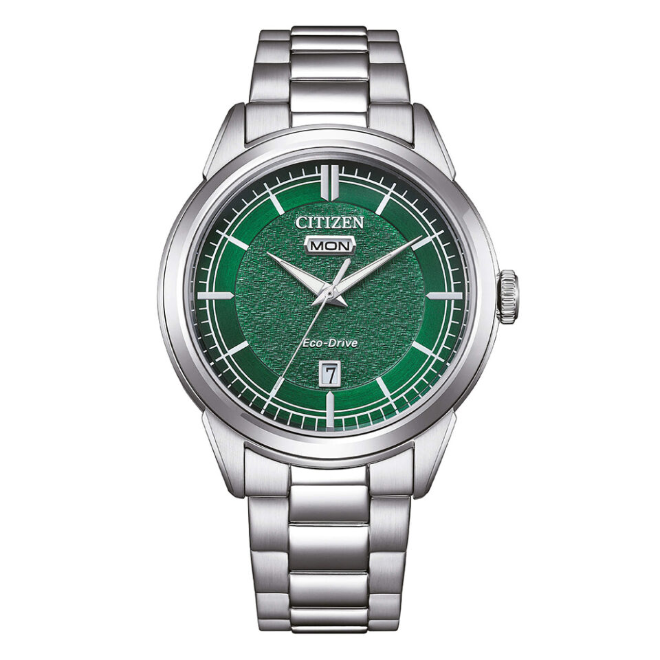 Orologio-Citizen-OF-Elegant-Eco-drive-Uomo-39mm-Giorno-Data-Bracciale-Acciaio-Quadrante-Verde-AW0151-85X