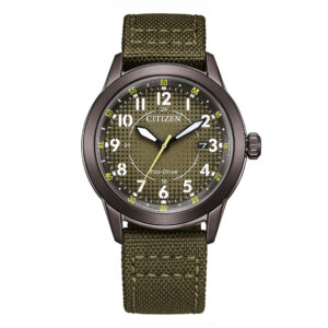 Orologio-Citizen-OF-Field-Uomo-39mm-Eco-Drive-PVD-Grigio-scuro-Cinturino-Pelle-quadrante-Verde-Militare-AW1877-09X