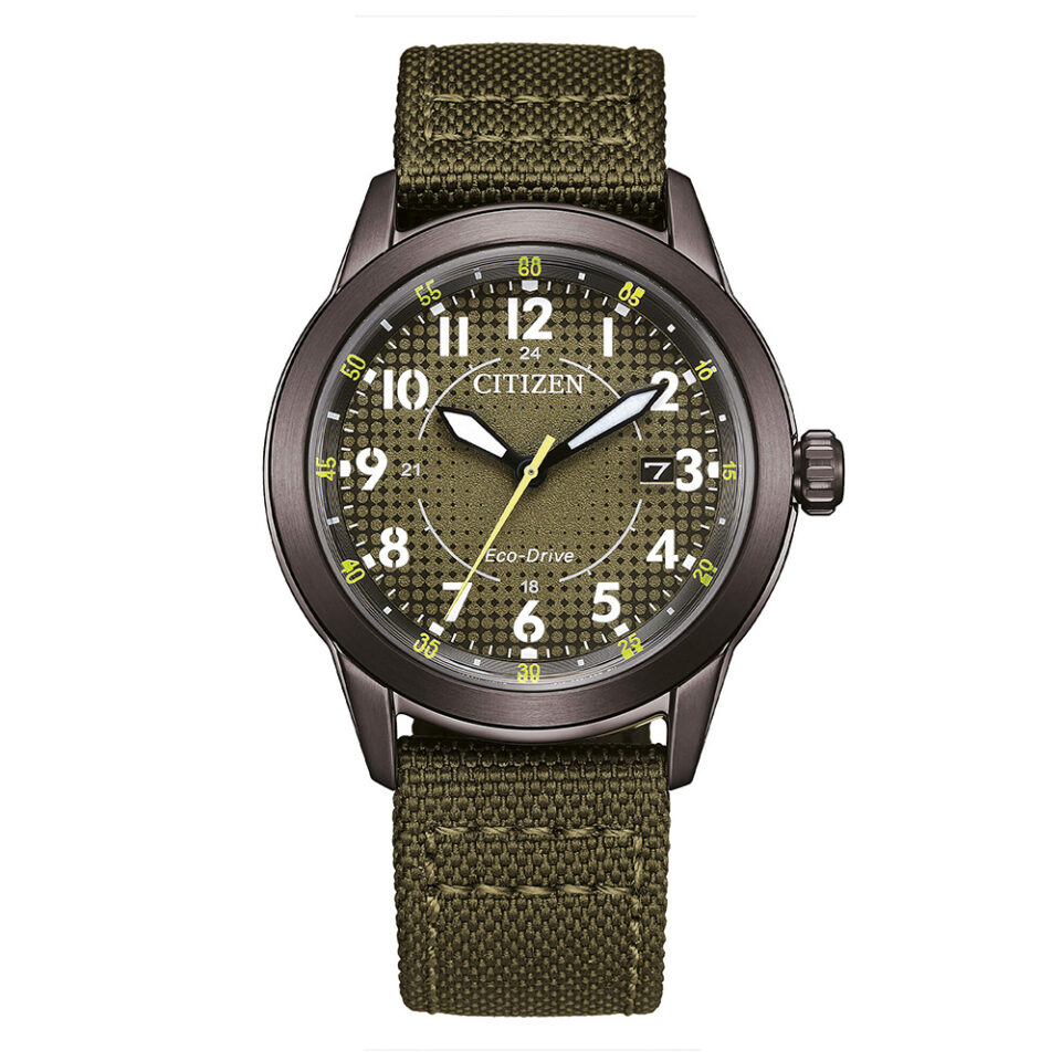 Orologio-Citizen-OF-Field-Uomo-39mm-Eco-Drive-PVD-Grigio-scuro-Cinturino-Pelle-quadrante-Verde-Militare-AW1877-09X