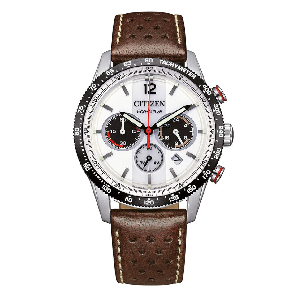 Orologio-Citizen-OF-Vintage-Racing-Unisex-Crono-Eco-Drive-Cinturino-Pelle-Marrone-Quadrante-Bianco-CA4714-04A.