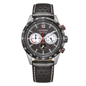 Orologio-Citizen-OF-Vintage-Racing-Unisex-Crono-Eco-Drive-Cinturino-Pelle-Nera-Quadrante-Nero-CA4717-06E.