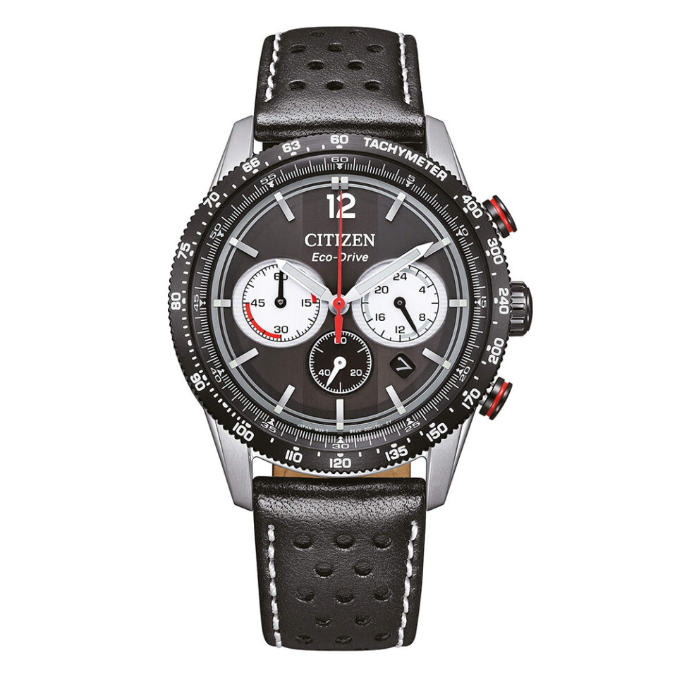 Orologio-Citizen-OF-Vintage-Racing-Unisex-Crono-Eco-Drive-Cinturino-Pelle-Nera-Quadrante-Nero-CA4717-06E.
