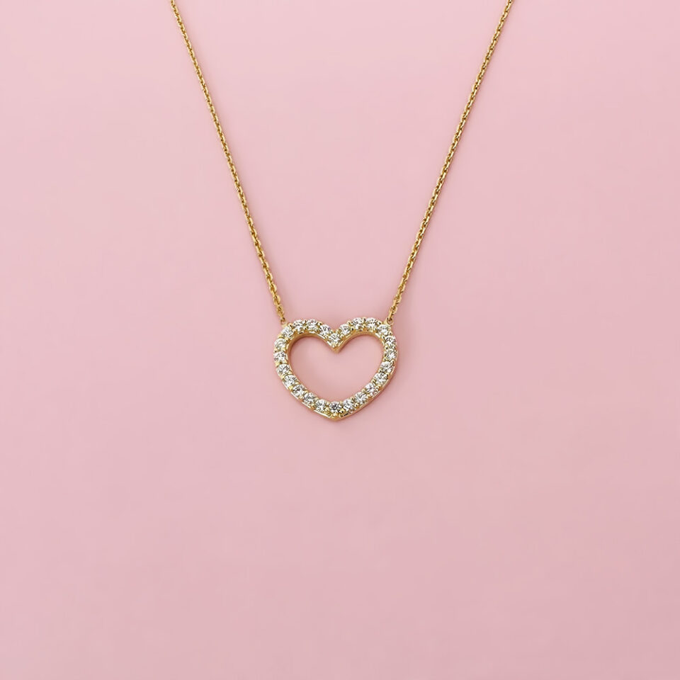 collana donna oro giallo cuore vuoto filo con zirconi bianchi