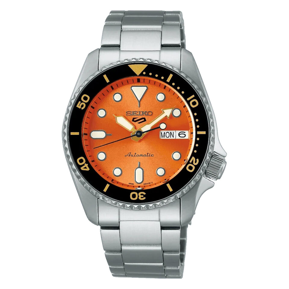 Orologio-Seiko-5-Sport-Automatico-Arancio-38mm-cassa-e-bracciale-Acciaio-SRPK35K1