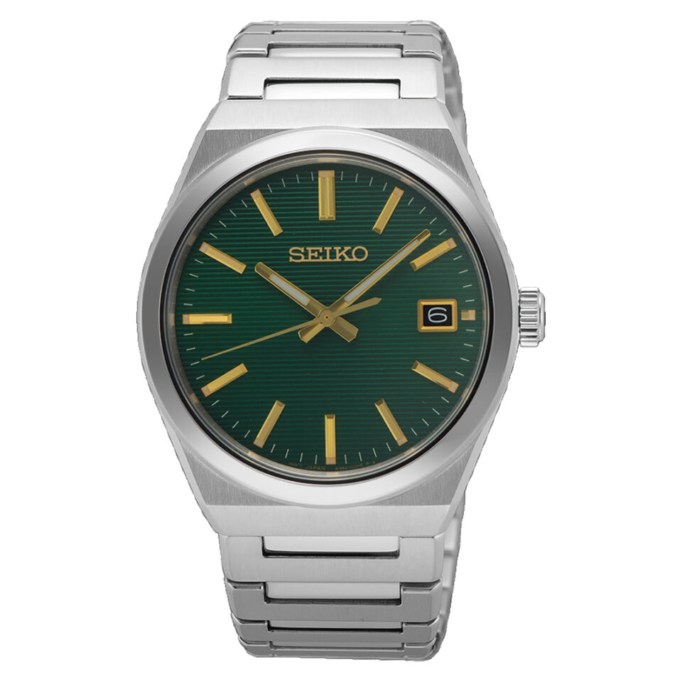 Orologio-Seiko-Classic-1970-Quarzo-Quadrante-Verde-e-Dorato-Bracciale-Acciaio-SUR601P1