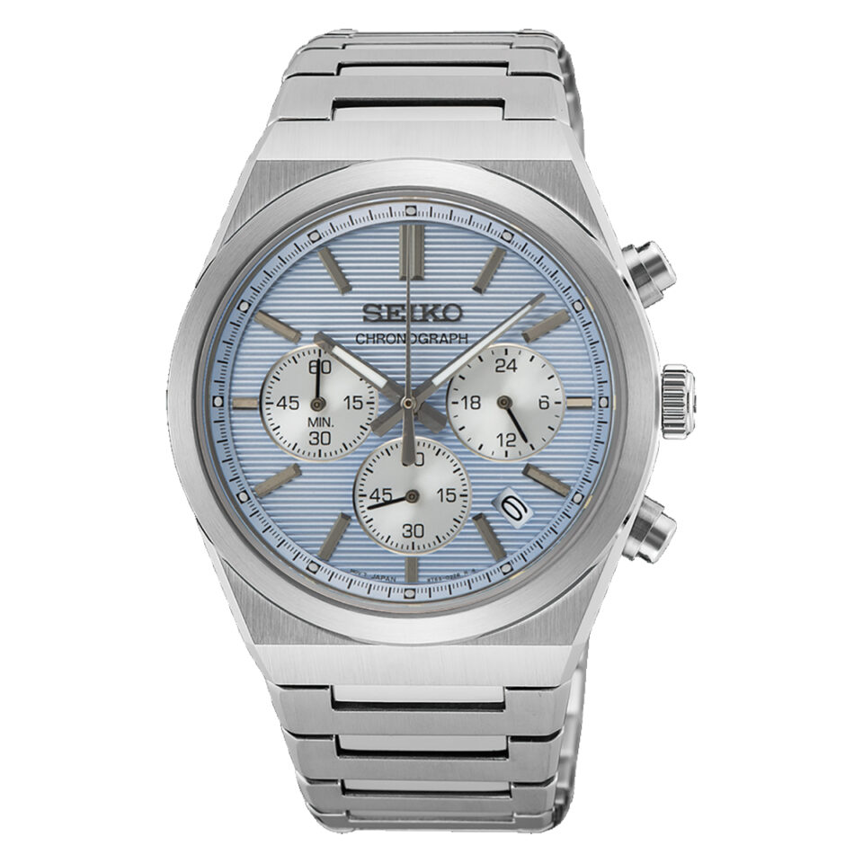 Orologio-Seiko-Classic-Crono-1970-Quarzo-Quadrante-Azzurro-Ghiaccio-Bracciale-Acciaio-SSB459P1