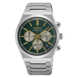 Orologio-Seiko-Classic-Crono-1970-Quarzo-Quadrante-verde-e-dorato-Bracciale-Acciaio-SSB461P1