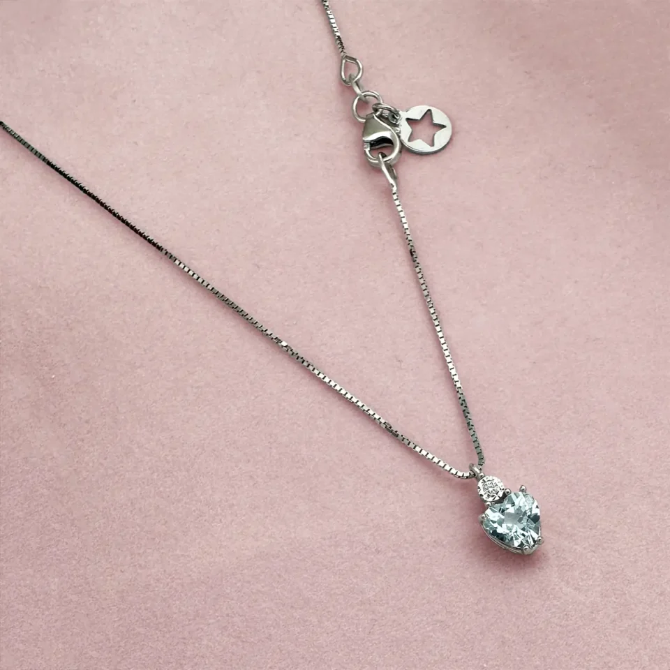 collana comete gioielli oro bianco 375 con acquamarina cuore e diamante kglq003