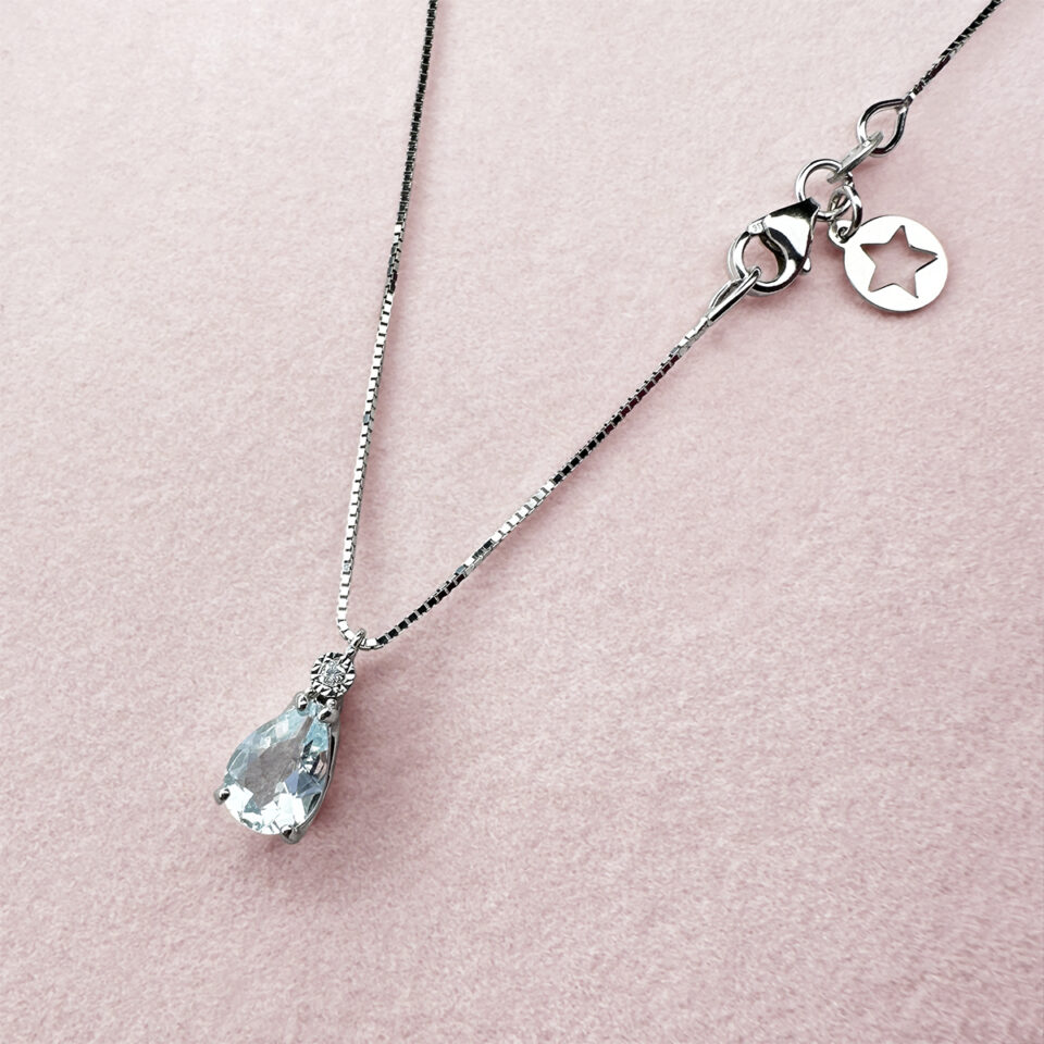 collana comete gioielli oro bianco 375 con acquamarina goccia e diamante kglq002