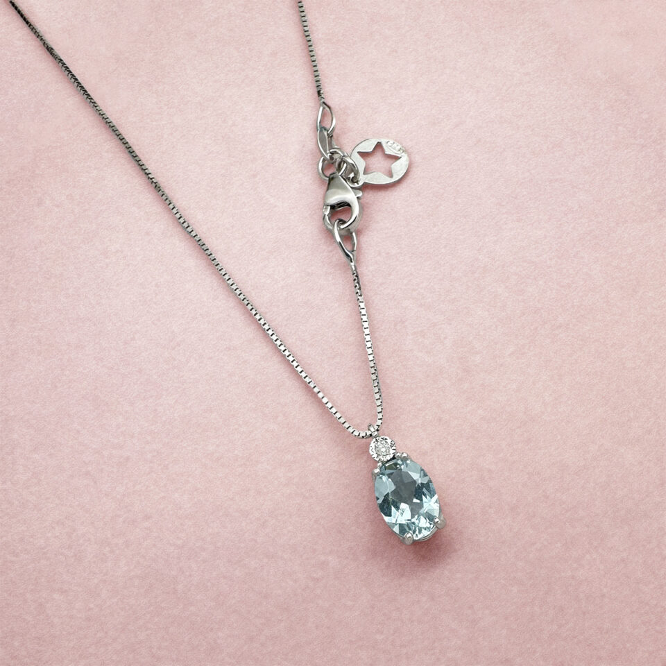 collana comete gioielli oro bianco 375 con acquamarina ovale e diamante kglq001